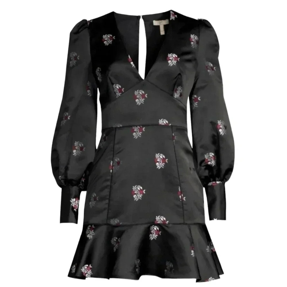 Joie Minia Black Caviar Puff Balloon Sleeve Embroidered Floral Print Dress 00